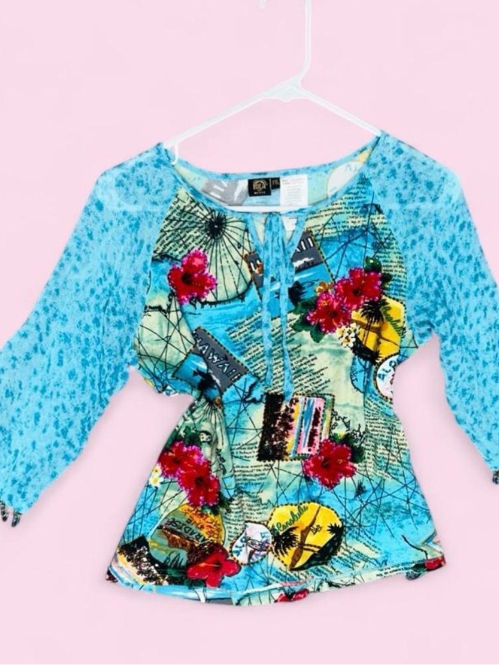 Island Turquoise Floral & Graphic Tie-Front Raglan Blouse